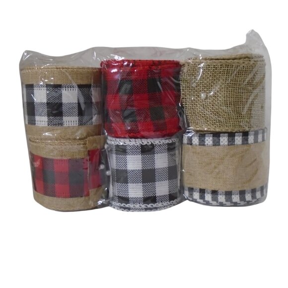 Christmas Buffalo Plaid Burlap Wired Ribbon 6 Rolls 2" Wide 5 Yards Each 3518 - Picture 4 of 5